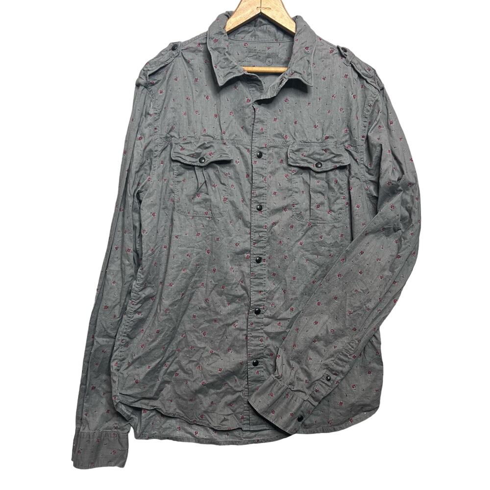 AllSaints Shirt Mens Size XL Amhurst Gray Floral Snap Front Collared Cottage